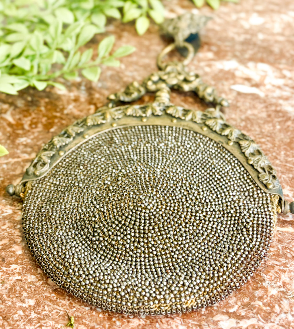 Antique Victorian Metal Mesh Chatelaine Purse with Leather Interior