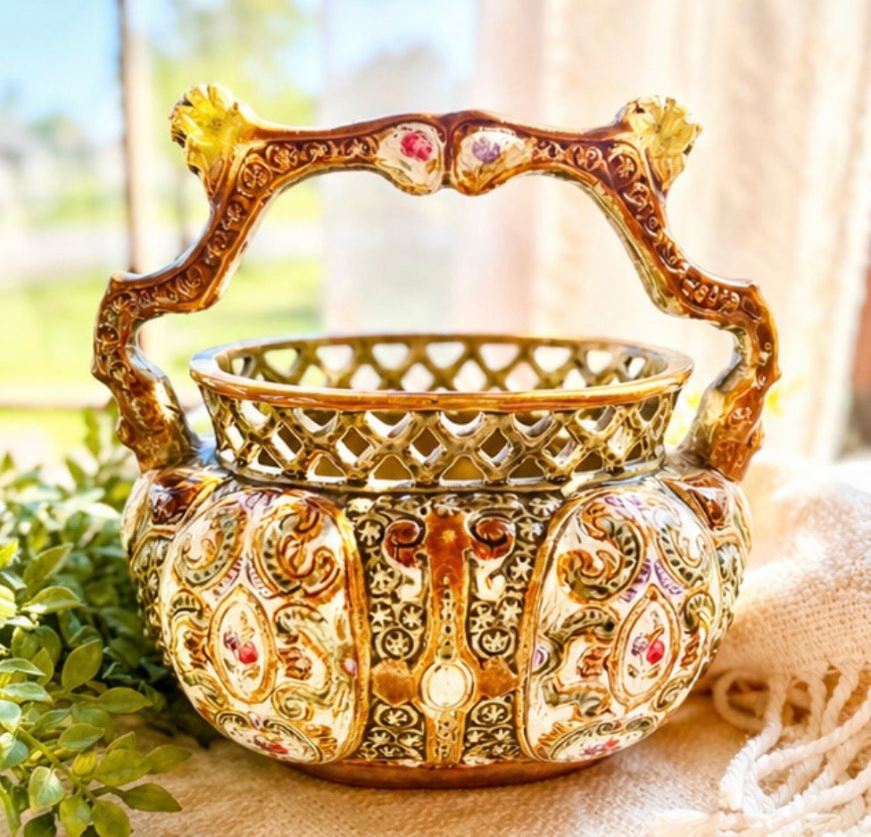 Antique English Alhambrian Majolica Reticulated Basket