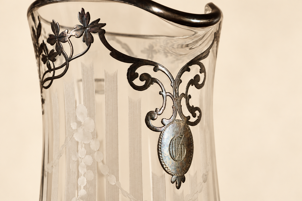 Antique Art Nouveau Etched Glass Pitcher | Silver Overlay & Monogrammed Medallion