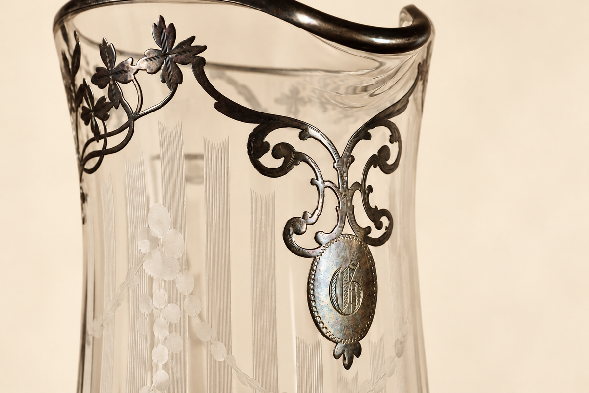 Antique Art Nouveau Etched Glass Pitcher | Silver Overlay & Monogrammed Medallion