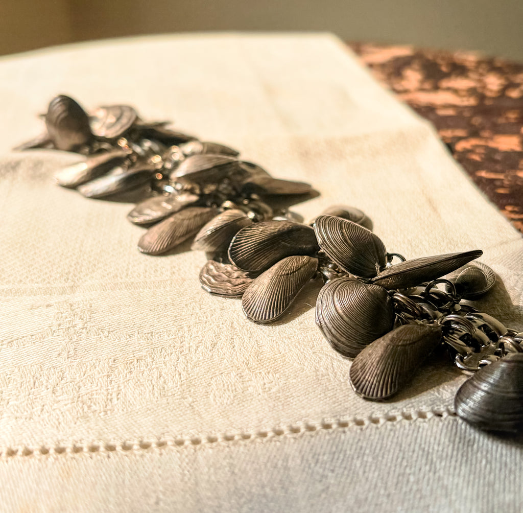 Vintage Napier Silver-Tone Mussel Shell Charm Bracelet