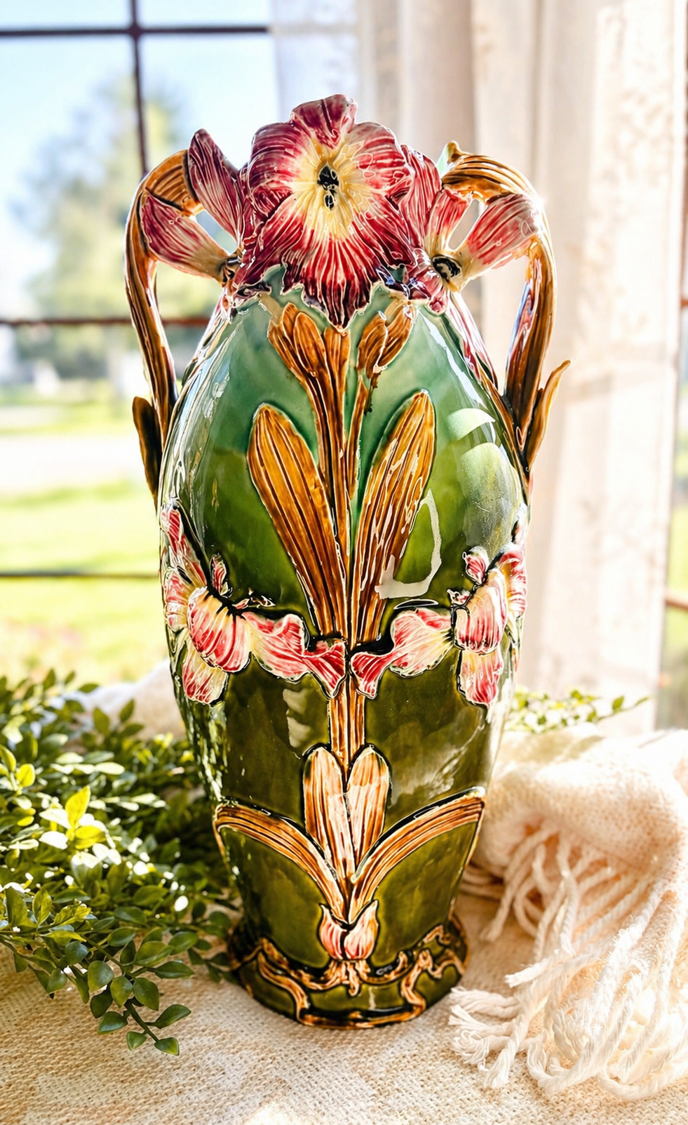 Antique French Majolica Vase Attributed to Faïencerie d’Onnaing Model 3997