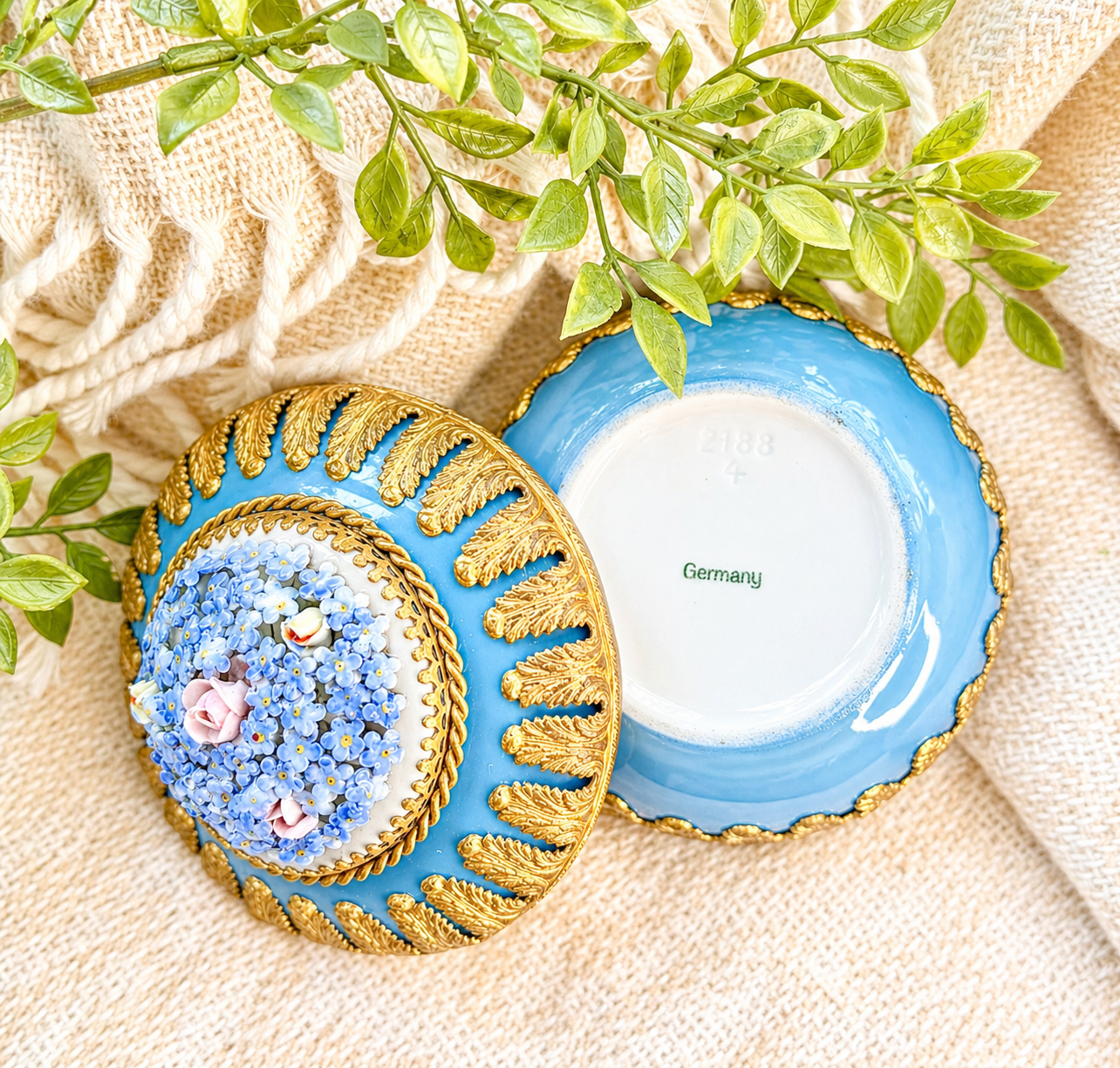 Vintage Blue Guilloché Trinket Box with Floral Porcelain Bouquet Lid