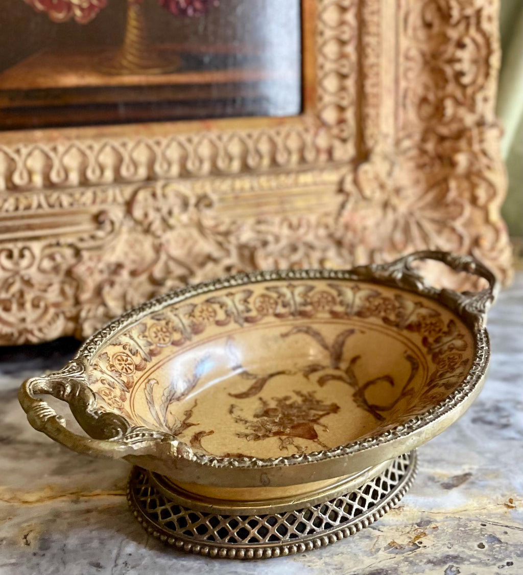 Vintage Porcelain Bowl with Ornamental Bronze Accents