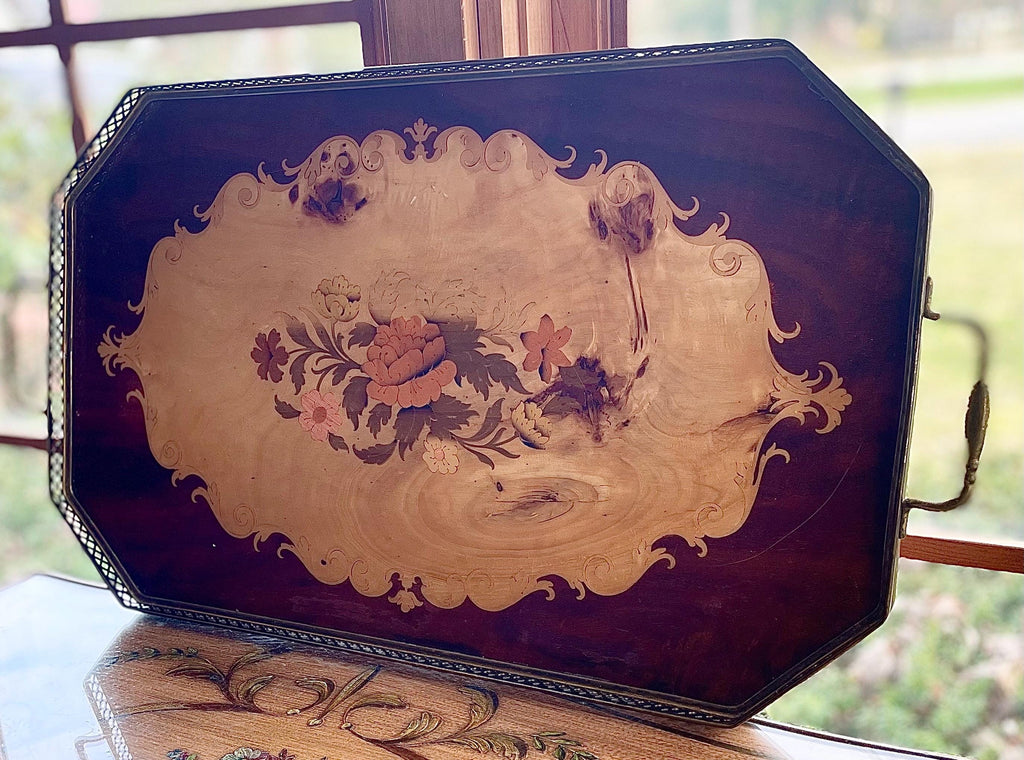 Vintage Italian Floral Wood Inlaid Tray