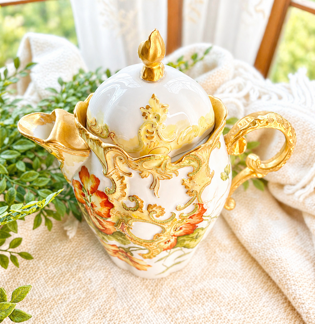 Vintage Leonard Vienna Austria Porcelain Chocolate Pot with Hand-Painted Florals