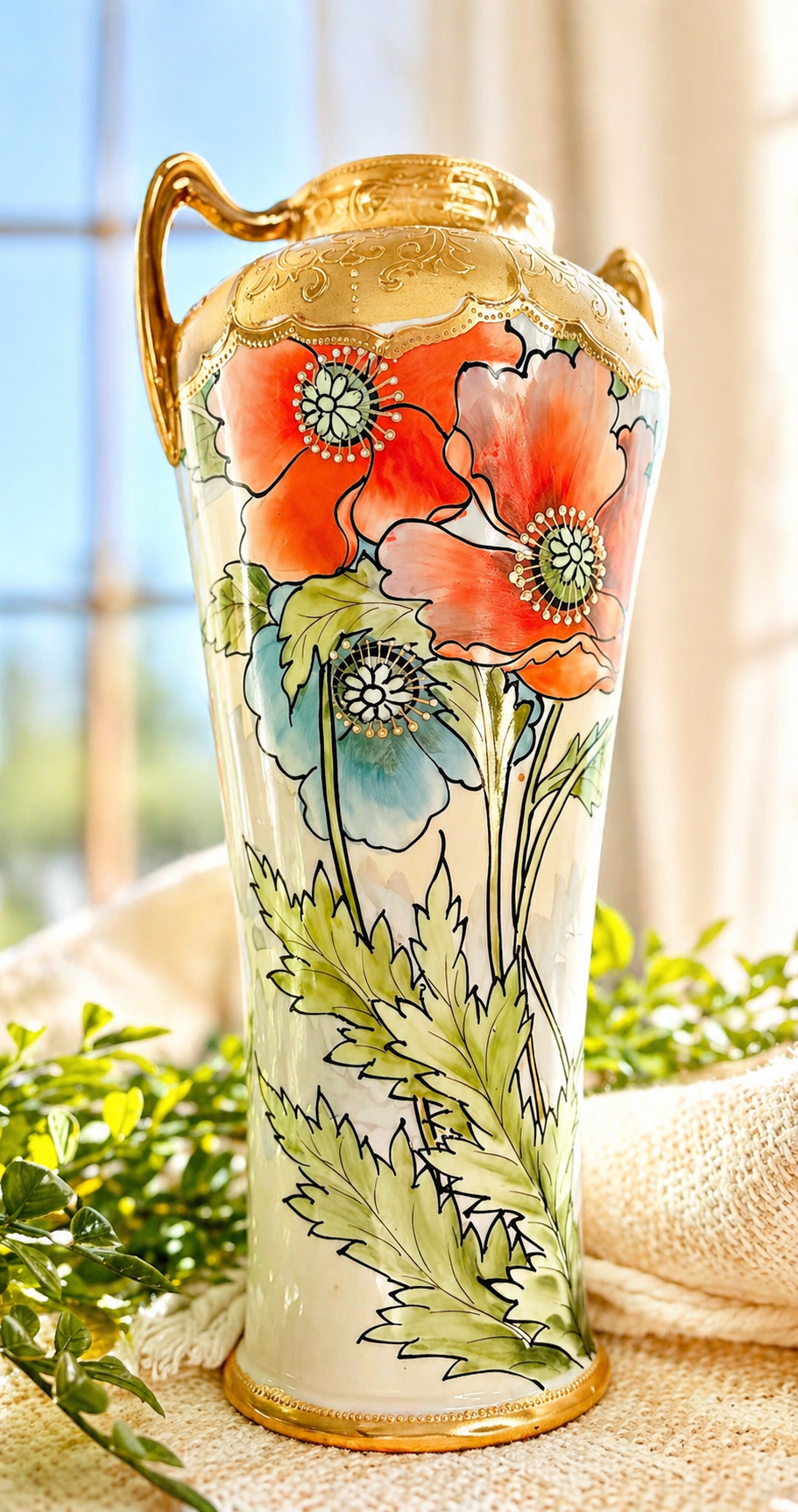 Antique Hand Painted Nippon Poppy Vase