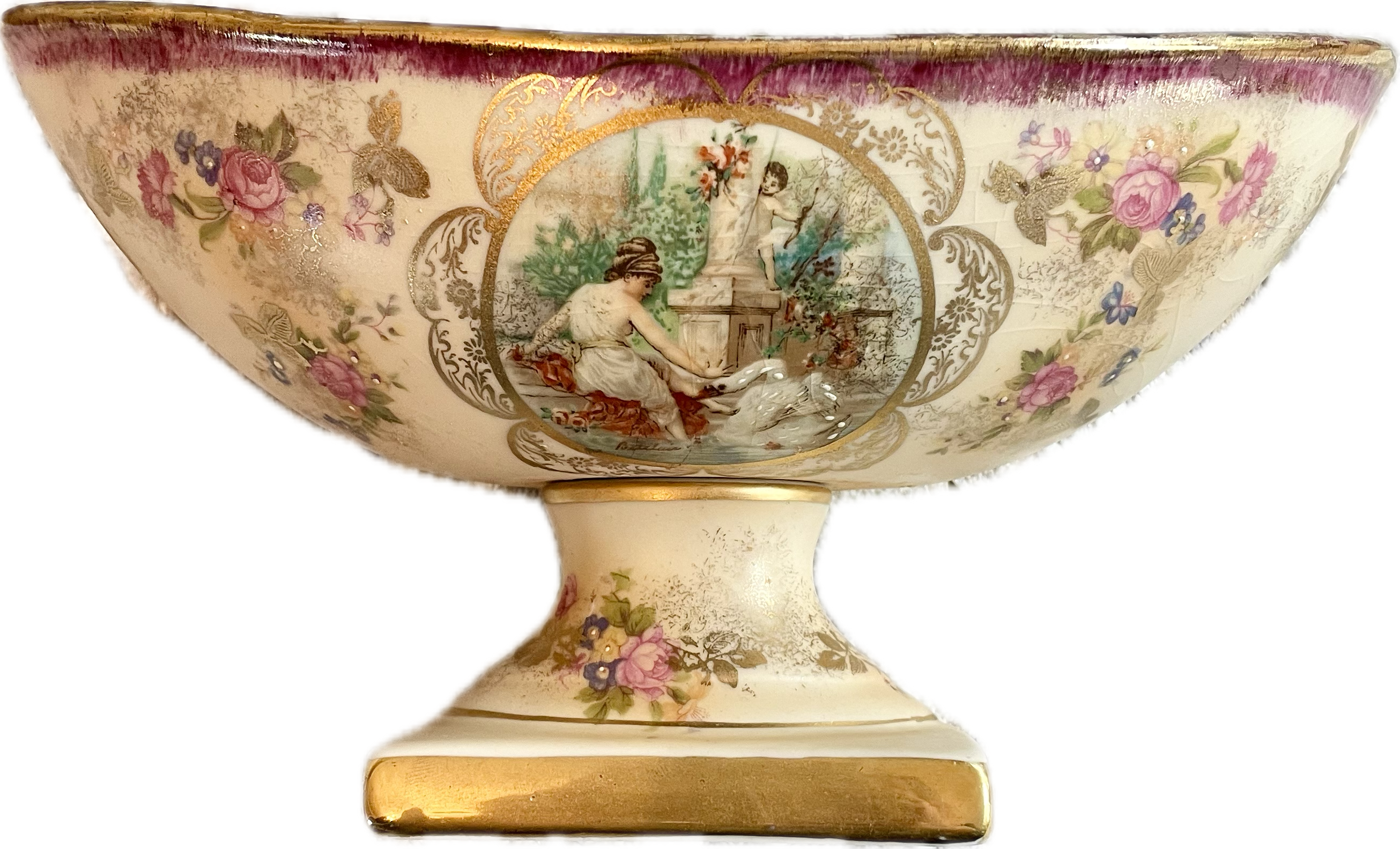 Vintage Hand-Painted Empire Ware Floral Compote Bowl with Gilded Accents