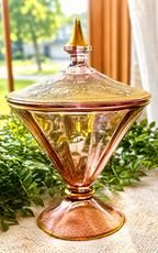 Vintage Pink Depression Glass Candy Dish with Lid | Gold Floral Pedestal Compote