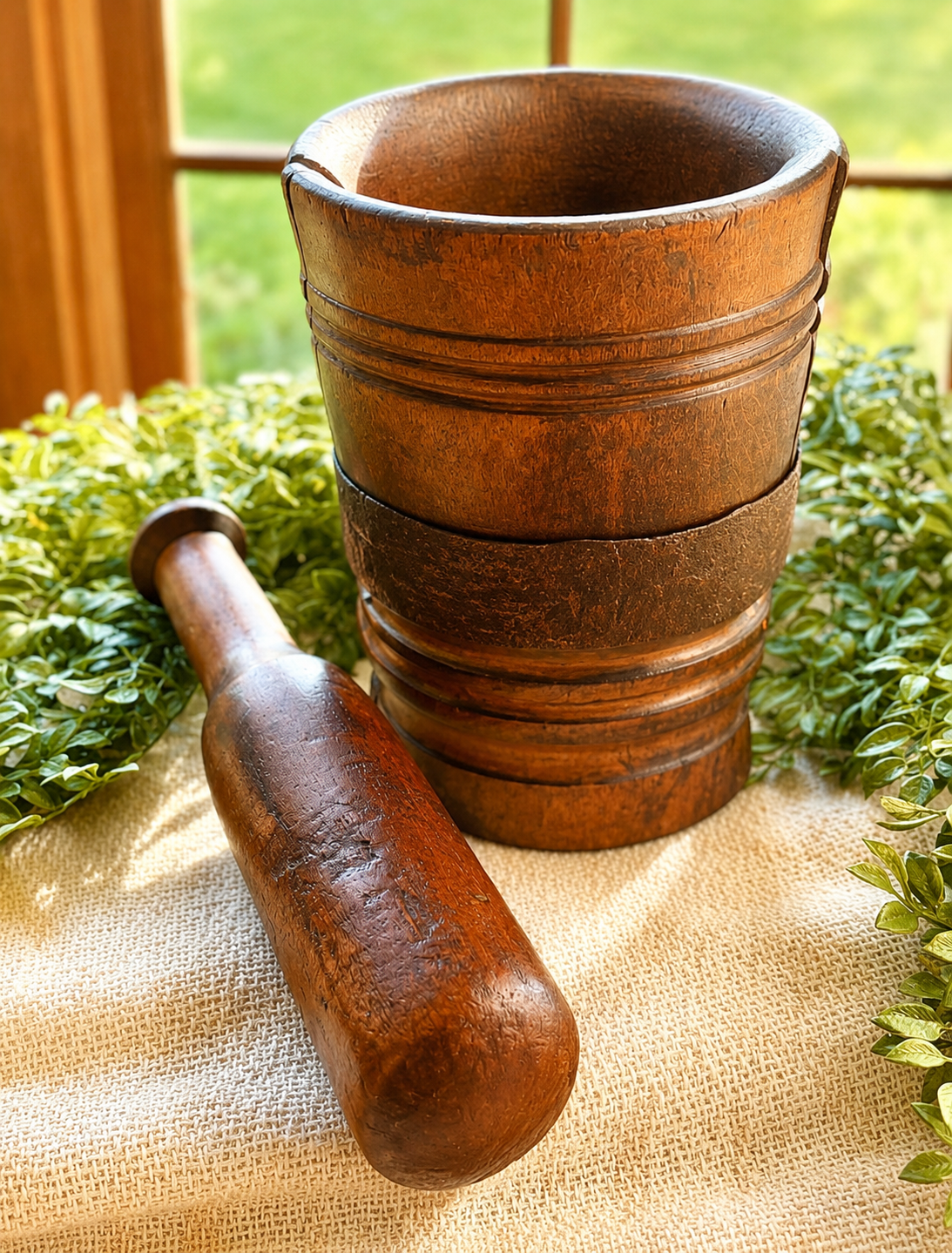 Antique Wooden Mortar & Pestle with Hand-Forged Iron Band | Primitive Apothecary Décor