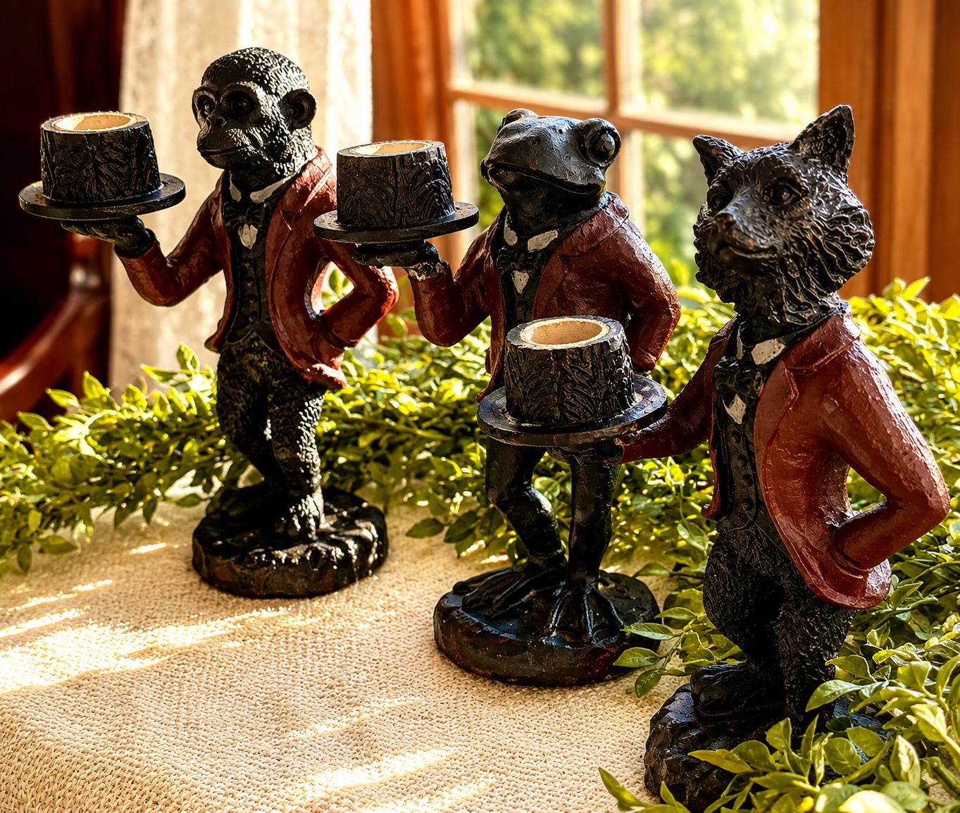 Whimsical Cast Iron Animal Butler Candle Holders – Set of 3 | Frog, Fox & Monkey Figurines