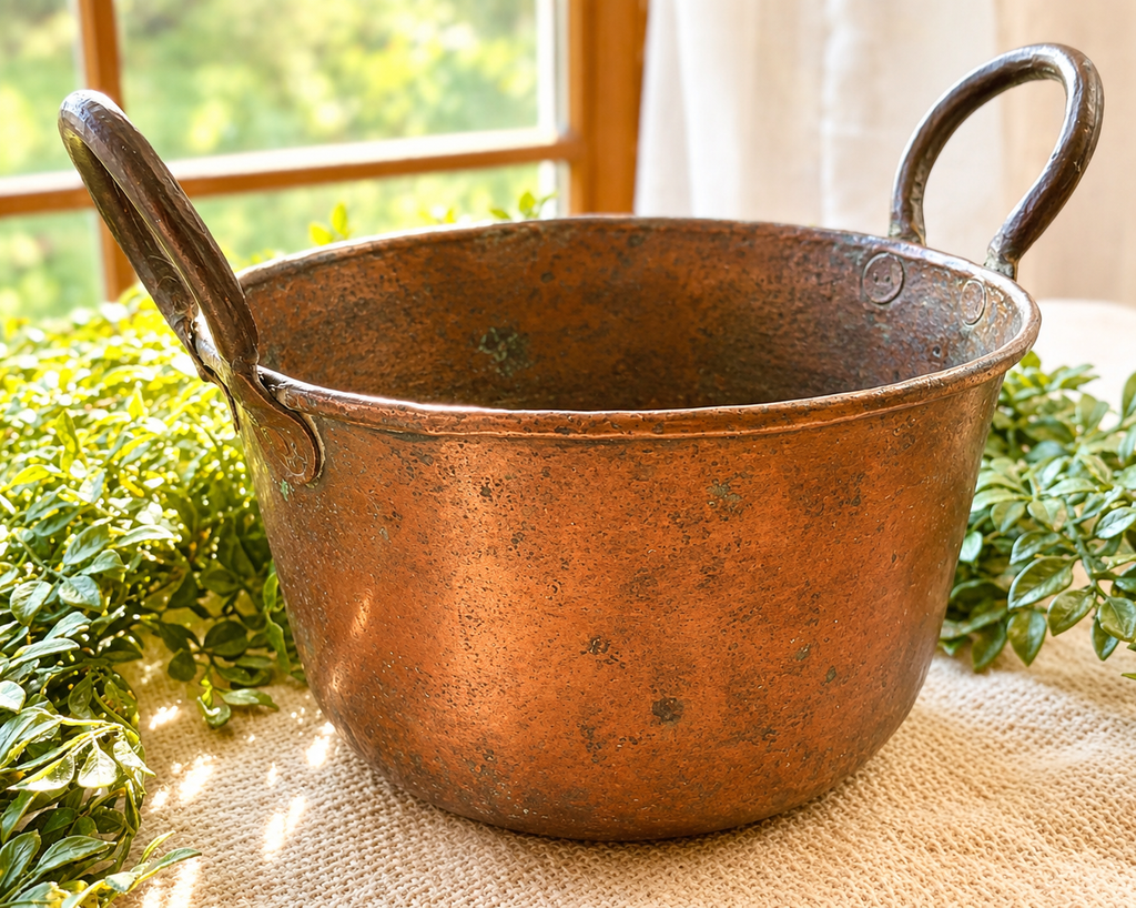 Antique Hand-Hammered Copper Pot with Riveted Handles | Primitive French Country Kitchen Décor