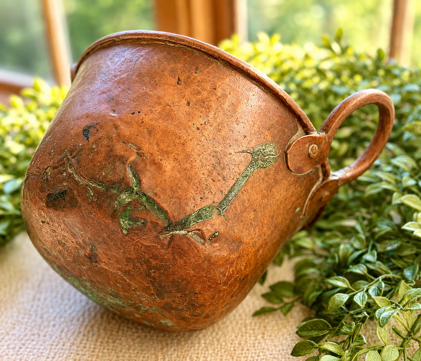 Antique Hand-Hammered Copper Pot with Riveted Handles | Primitive French Country Kitchen Décor