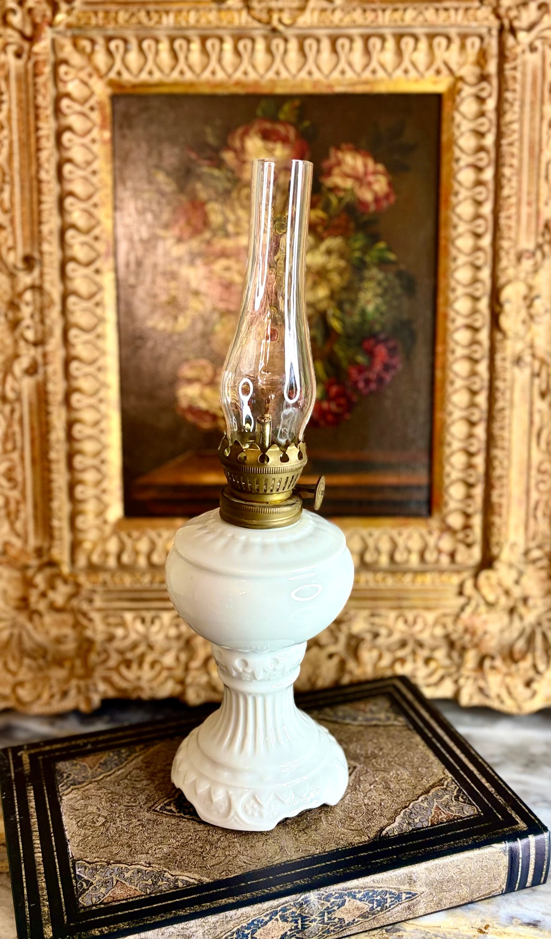 Vintage White Milk Glass Oil Lamp with Brass Burner