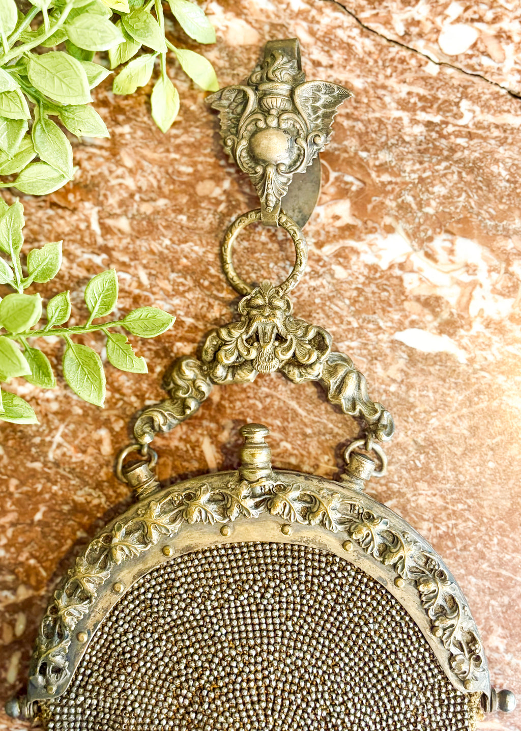 Antique Victorian Metal Mesh Chatelaine Purse with Leather Interior