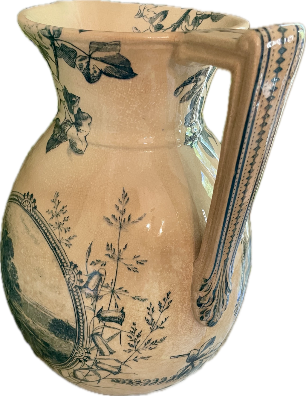 Antique Blue Transferware Pitcher with Ivy and Landscape Scene