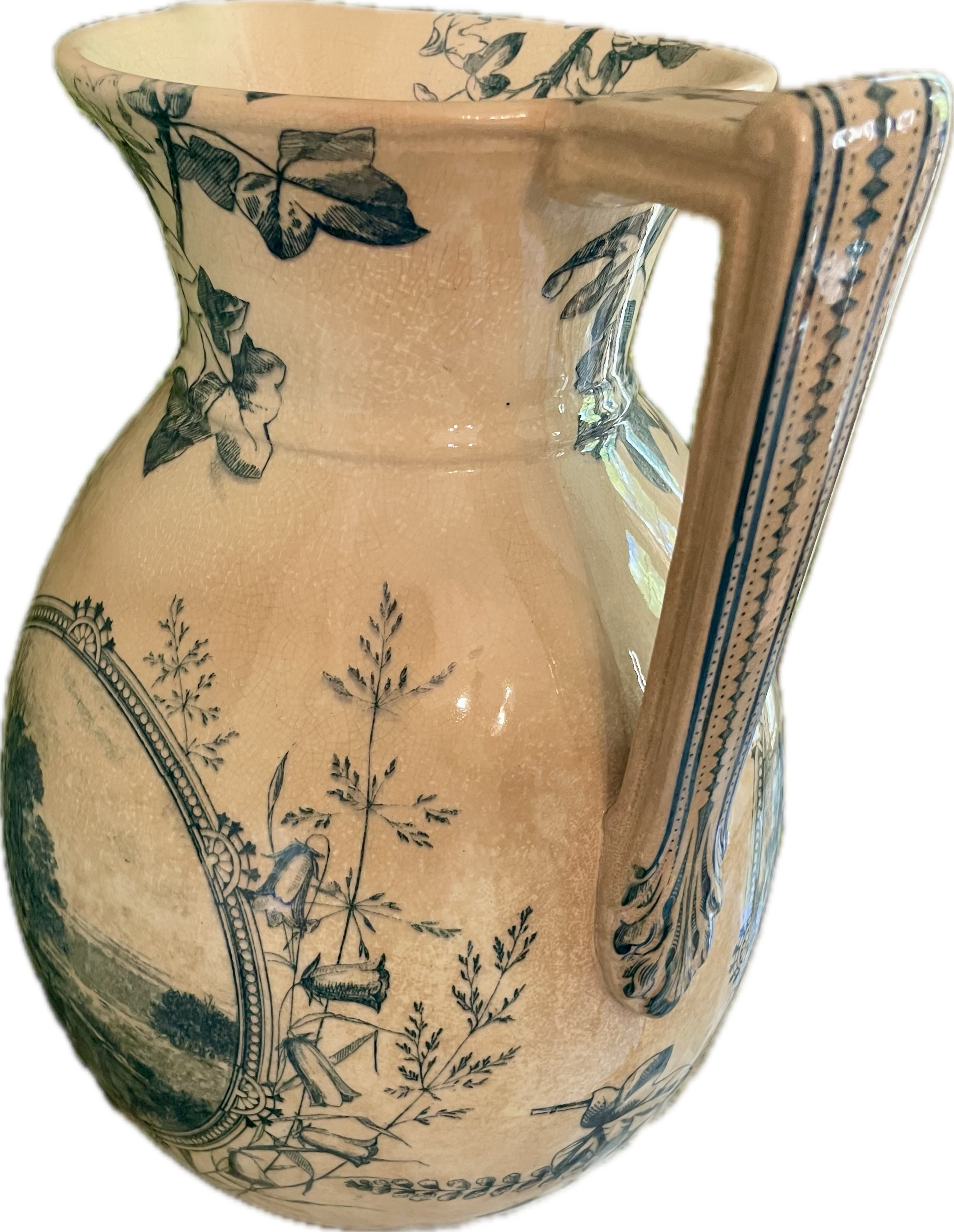 Antique Blue Transferware Pitcher with Ivy and Landscape Scene