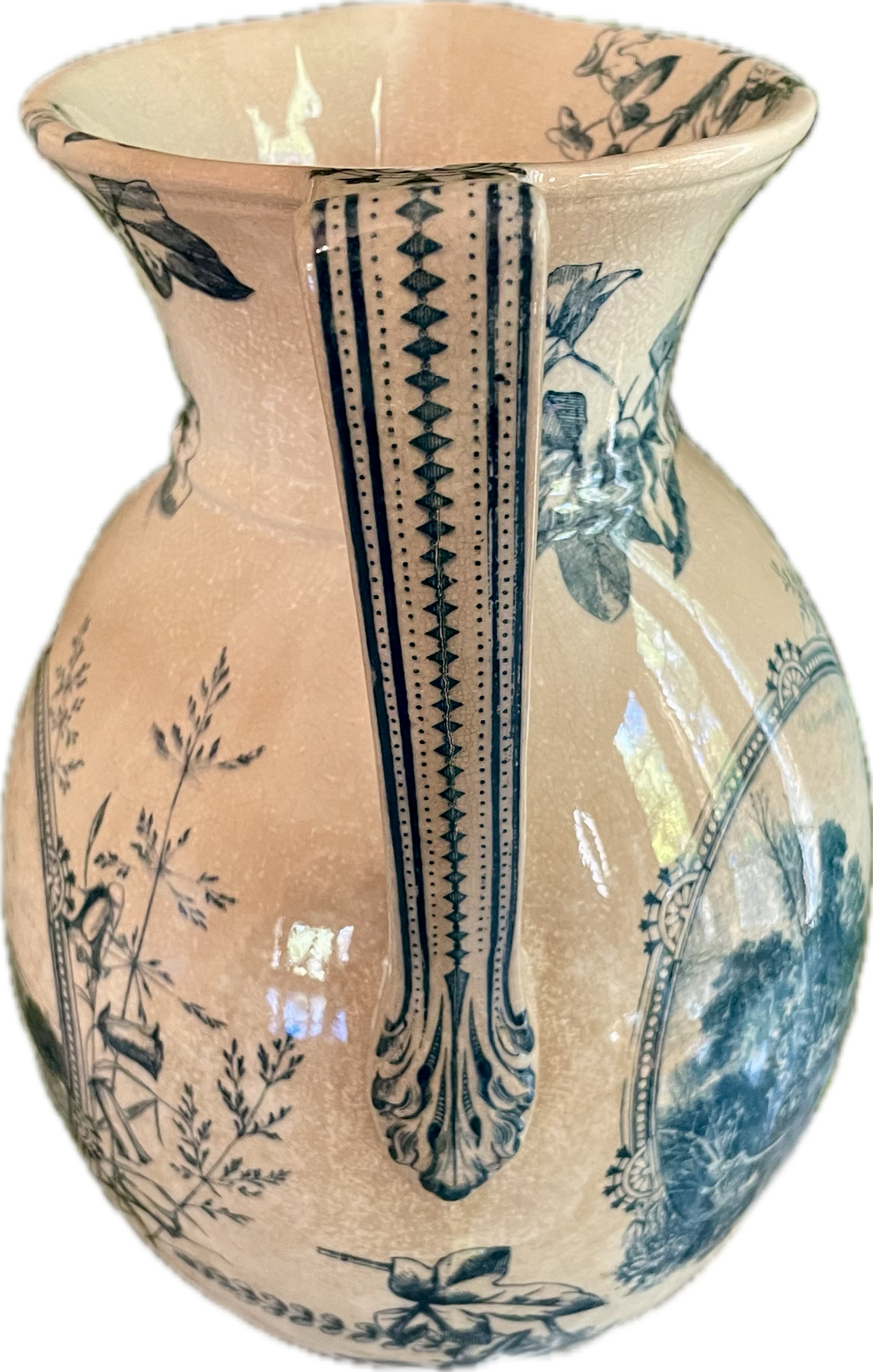 Antique Blue Transferware Pitcher with Ivy and Landscape Scene