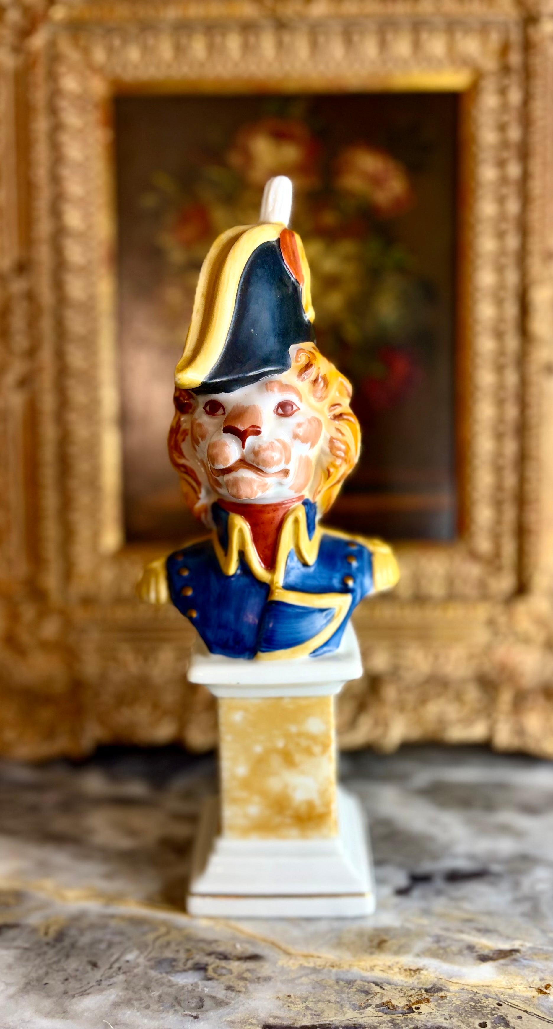Vintage Napoleonic Lion Bust on Pedestal