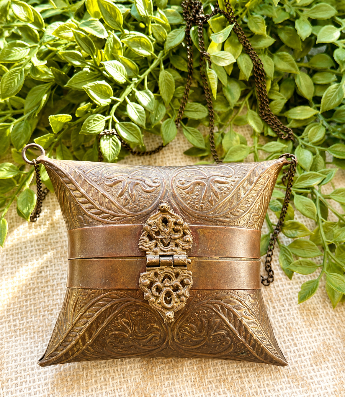 Antique Embossed Brass Pillow Purse with Chain | Victorian Revival Evening Bag