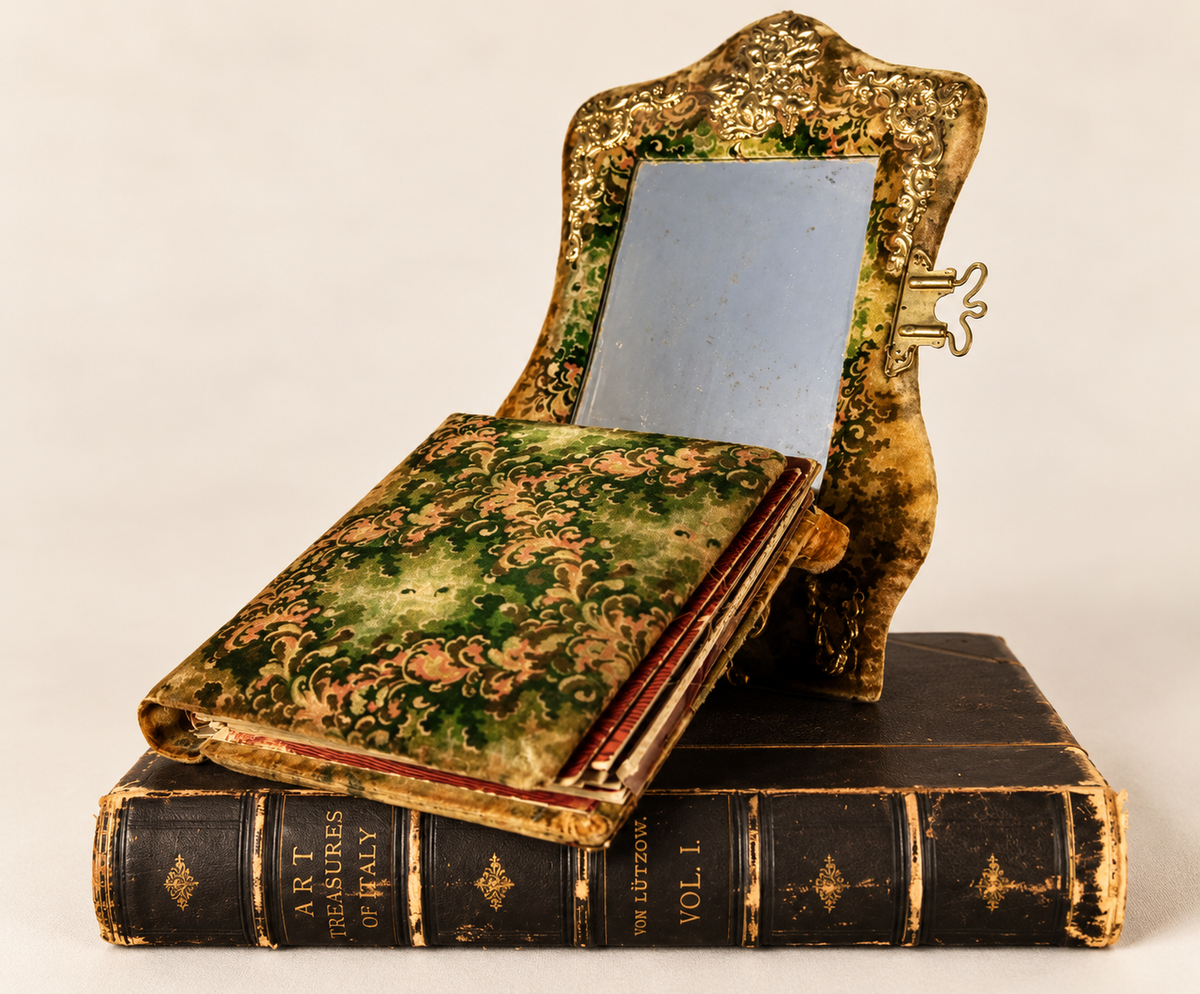 Antique Victorian Velvet Photo Album with Heart Mirror & Ornate Metalwork
