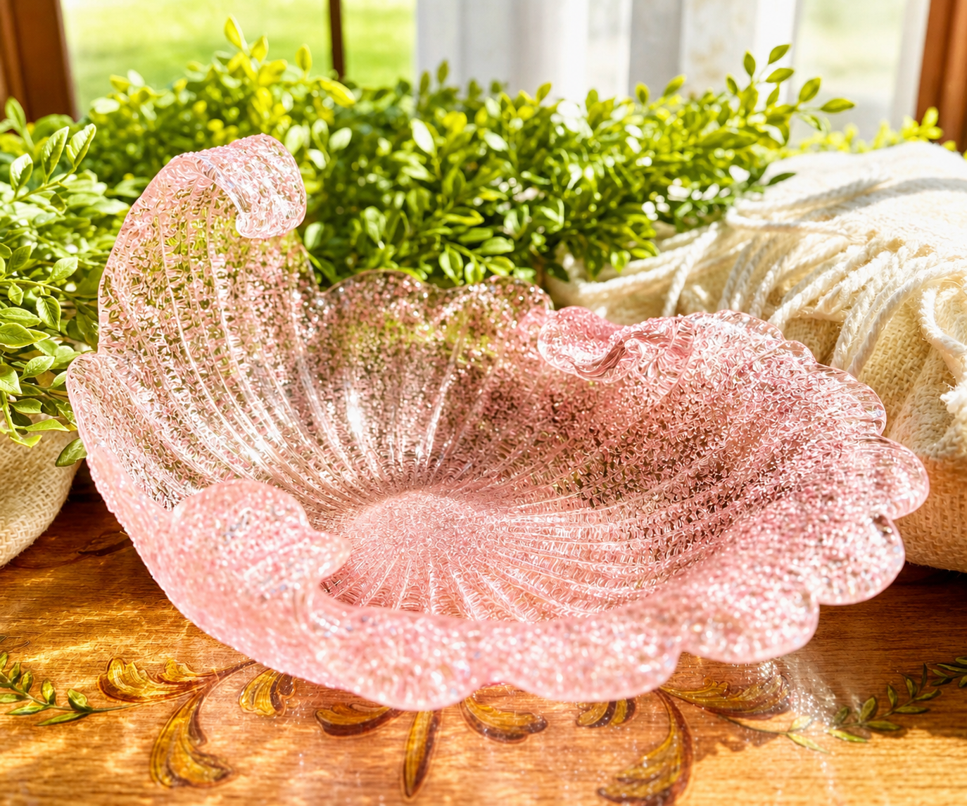 Vintage Pink Italian Murano Textured Glass Cornucopia Bowl