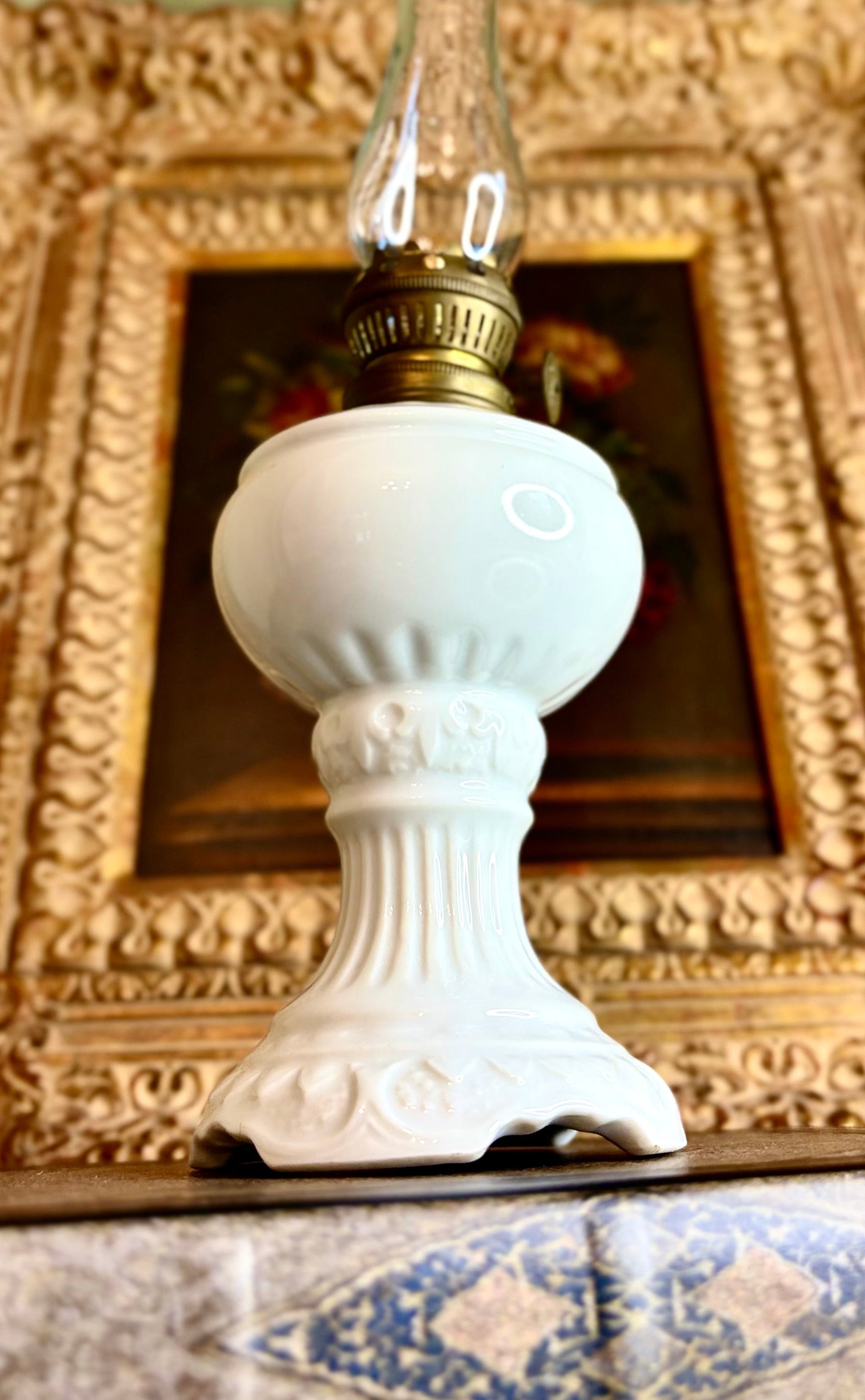 Vintage White Milk Glass Oil Lamp with Brass Burner