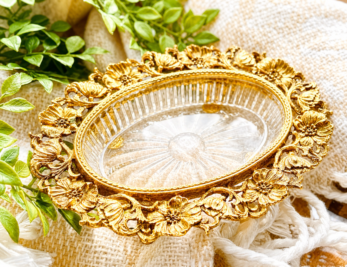 Vintage Ormolu and Glass Floral Trinket Dish
