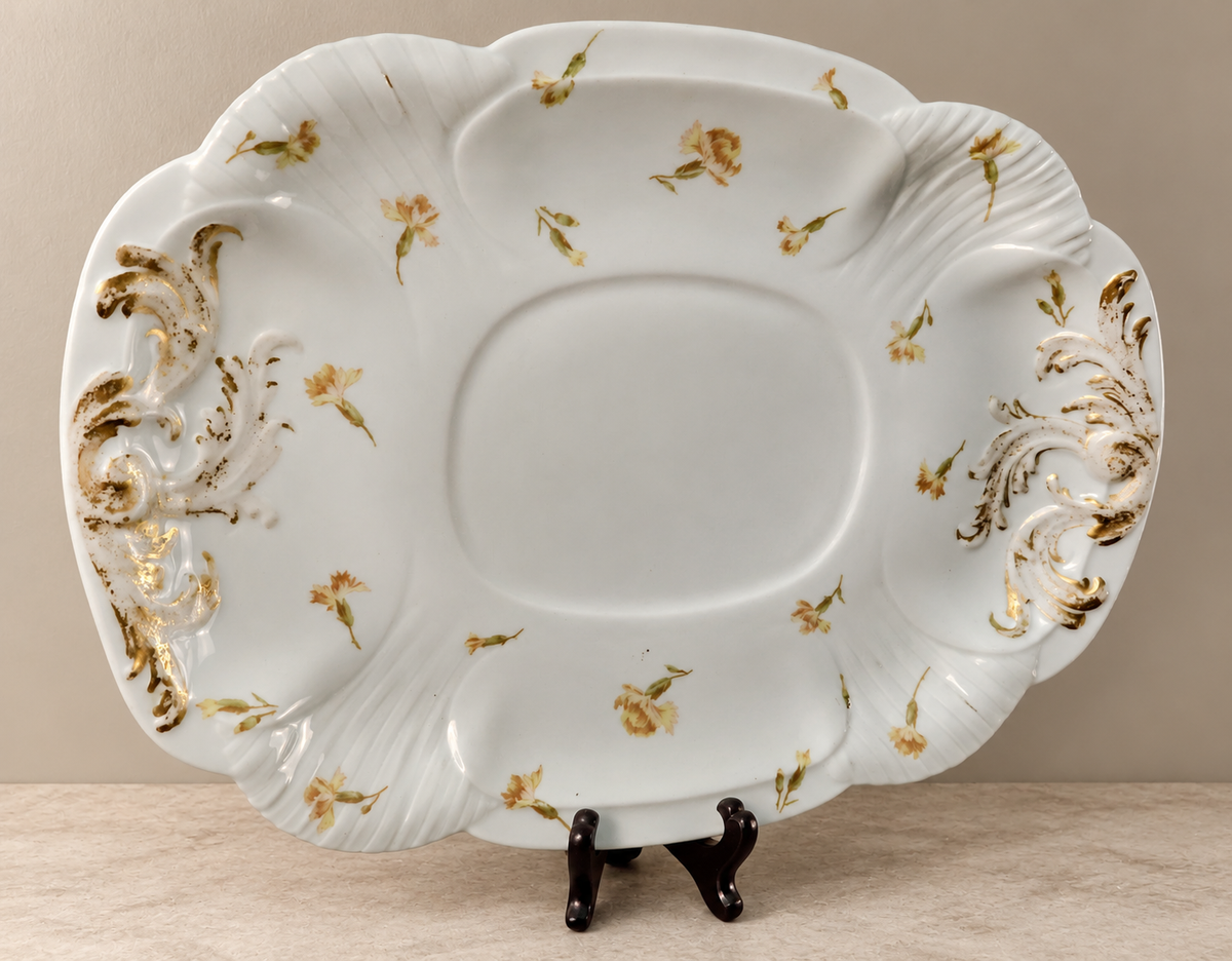 Antique G.D. & Cie Limoges France Porcelain Serving Platter with Gilt Rococo Scrollwork