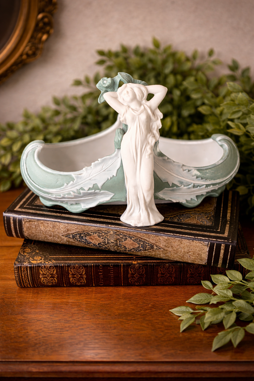 Antique Art Nouveau Porcelain Centerpiece with Maiden Figure