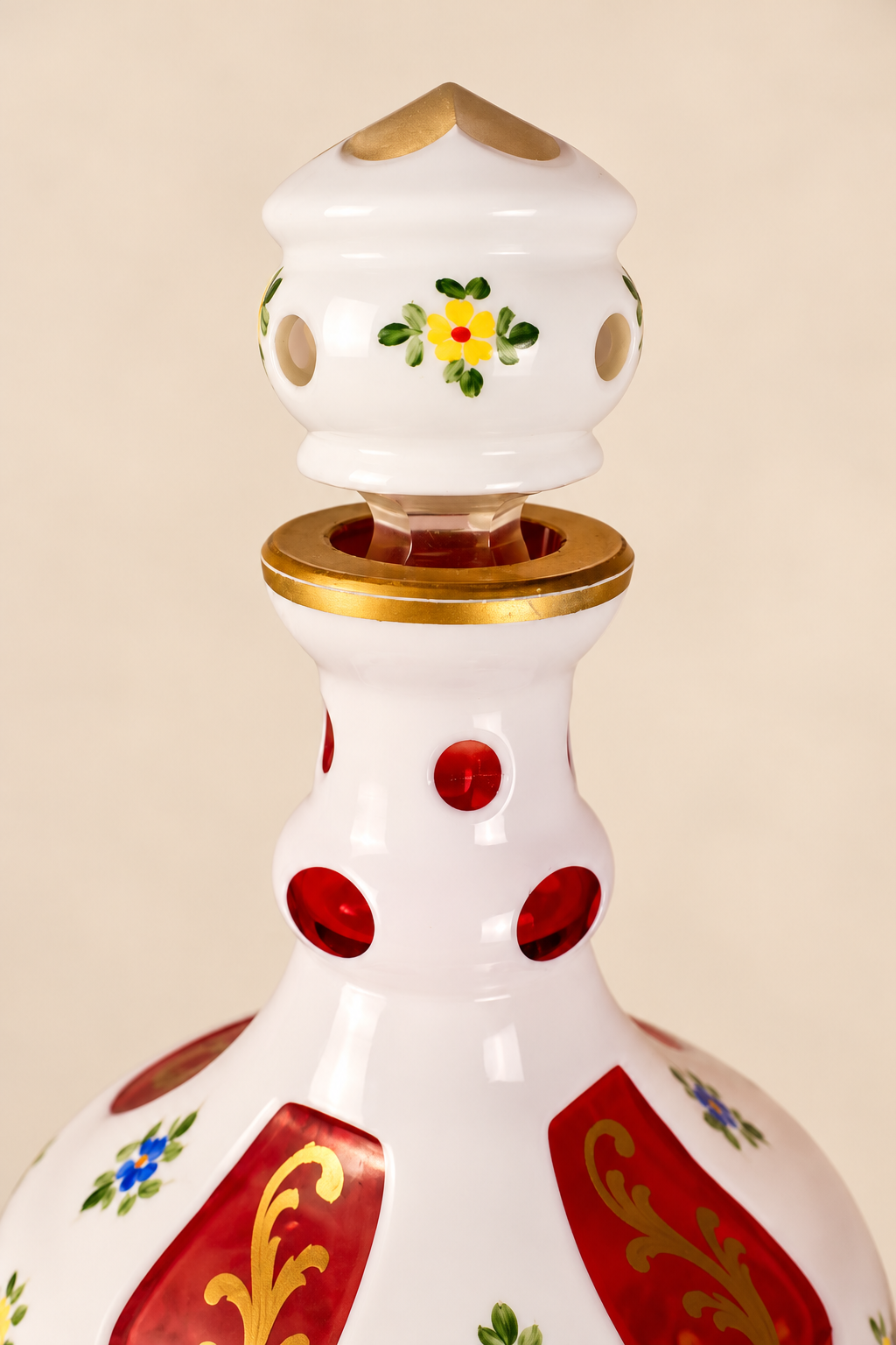 Antique-Style Bohemian White Overlay Glass Decanter & Cordial Set