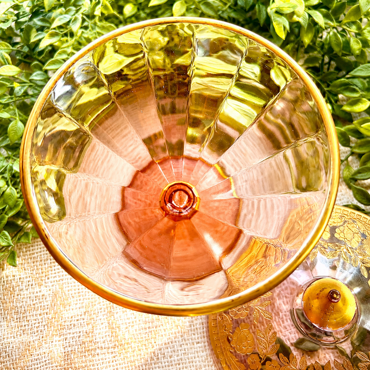 Vintage Pink Depression Glass Candy Dish with Lid | Gold Floral Pedestal Compote