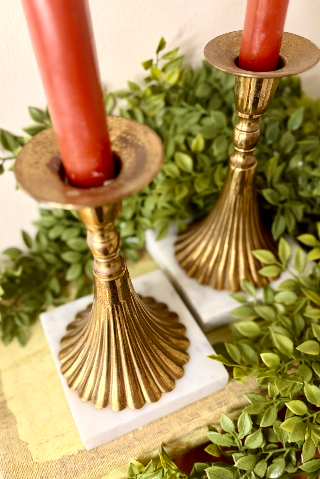 Pair of Vintage Brass Candlesticks with Marble Bases