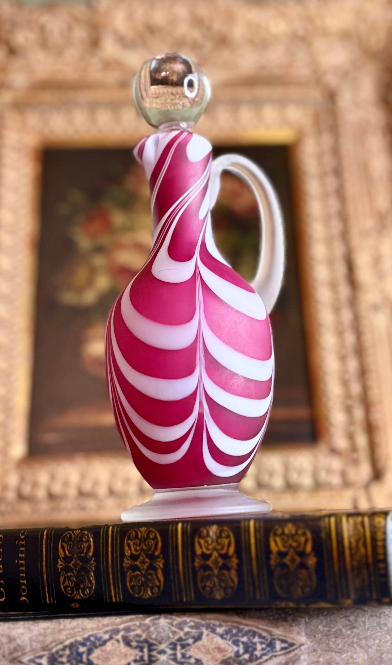Antique Nailsea Cranberry & White Swirl Glass Cruet