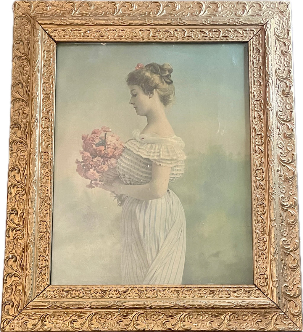 Antique Victorian Portrait Print of a Lady with Flowers in Ornate Gilt Frame
