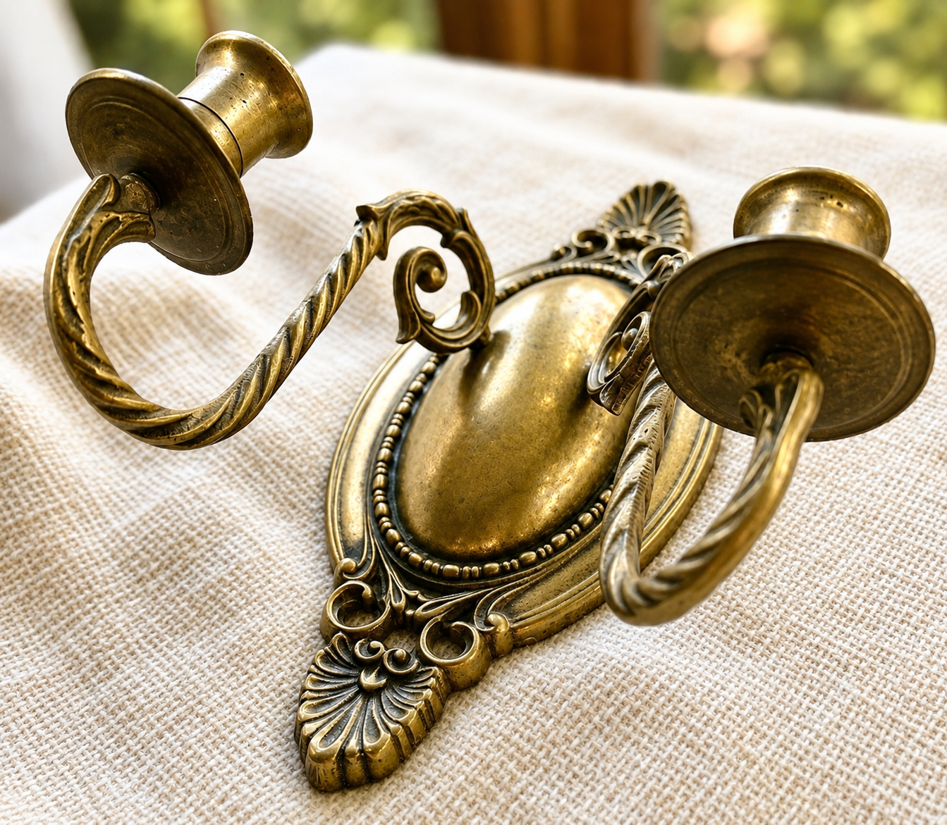 Pair of Antique Brass Wall Sconces | Ornate Victorian Double Arm Candle Holders