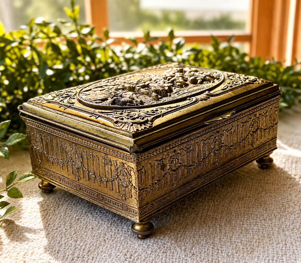 Antique Embossed Brass Jewelry Box | Victorian Revival Casket Box with Figural Pastoral Scene