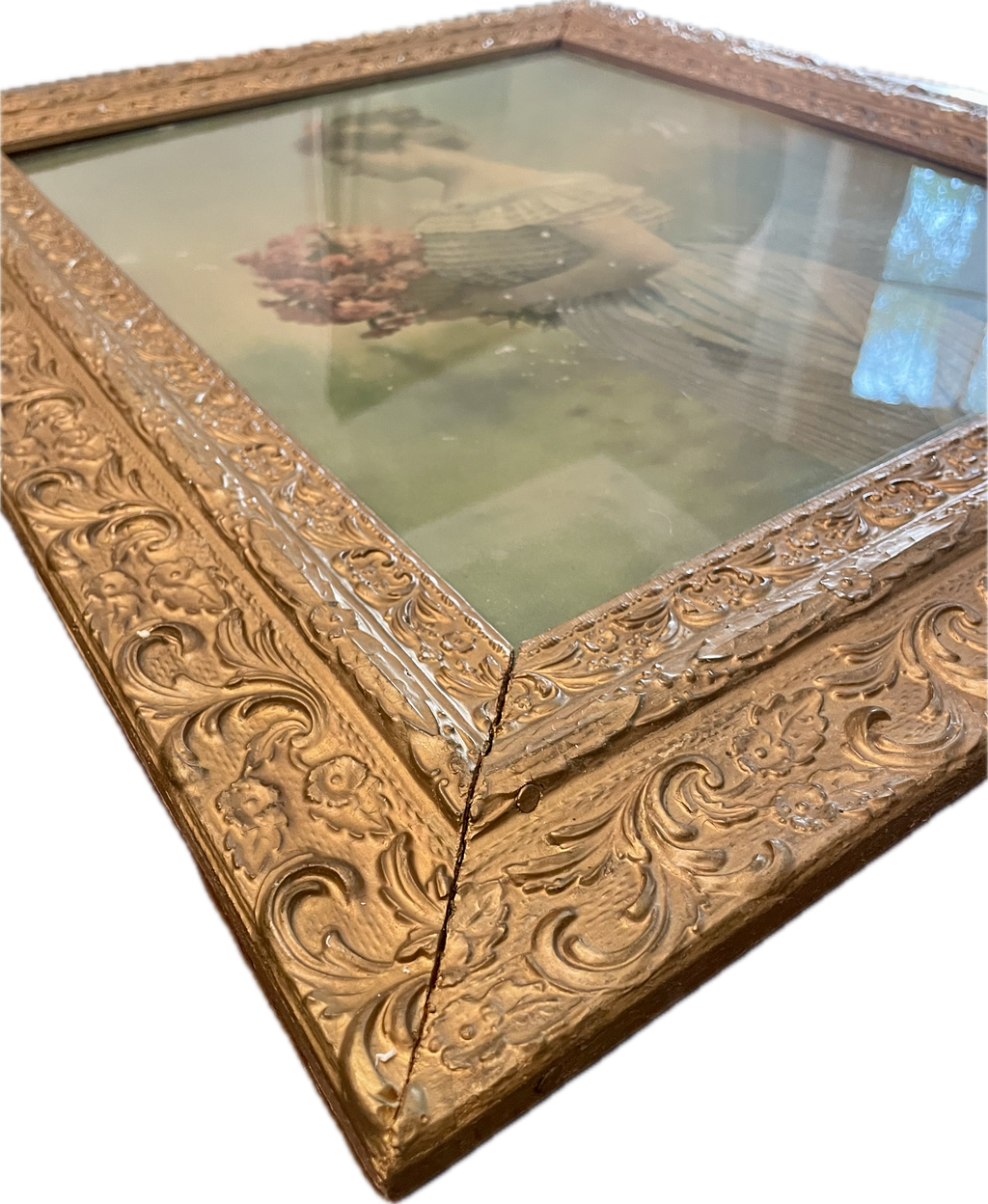 Antique Victorian Portrait Print of a Lady with Flowers in Ornate Gilt Frame