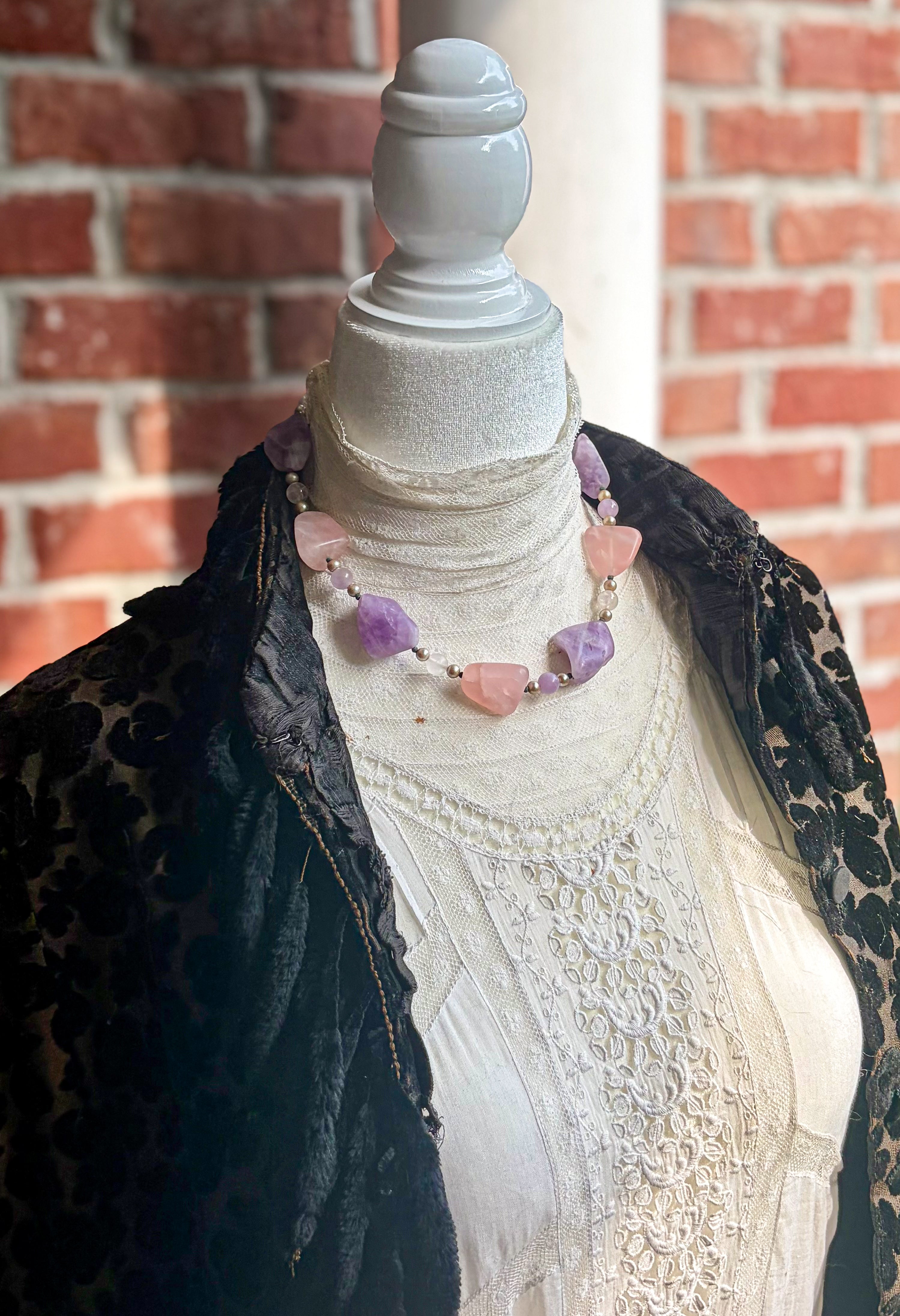 Vintage Carol DuPlaise Amethyst & Rose Quartz Statement Necklace