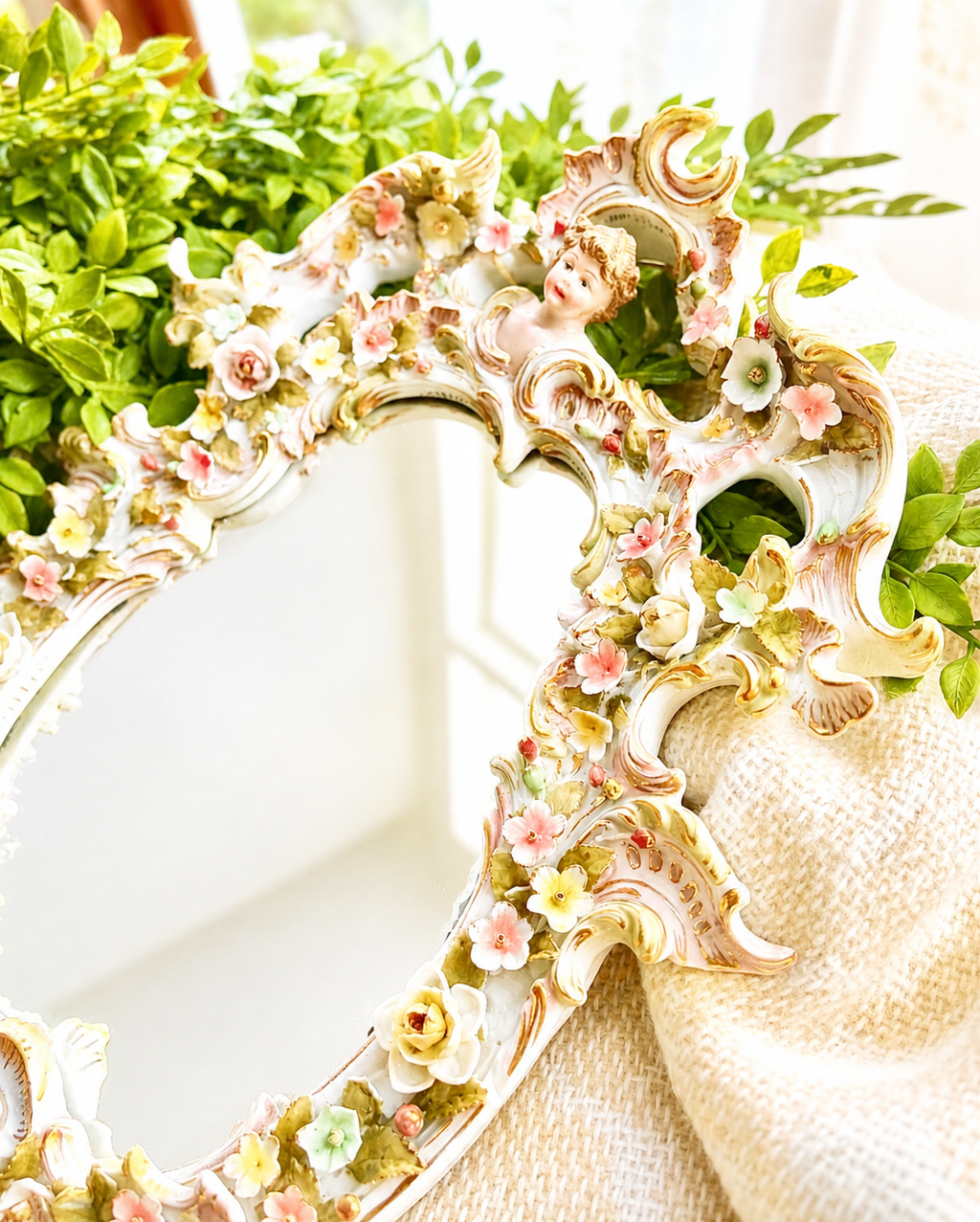 Antique Victorian Porcelain Floral Cherub Mirror