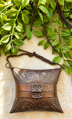 Antique Embossed Brass Pillow Purse with Chain | Victorian Revival Evening Bag