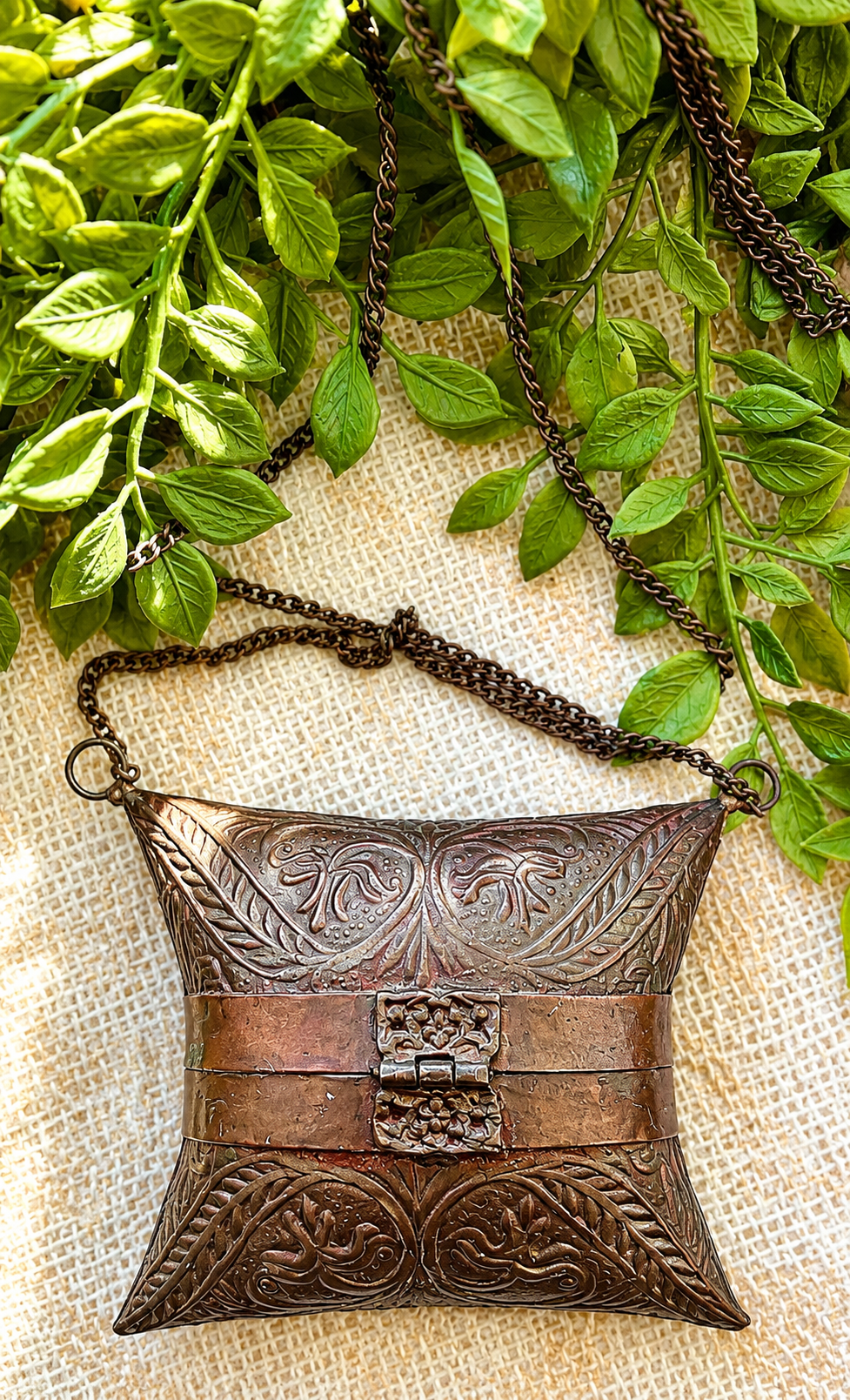 Antique Embossed Brass Pillow Purse with Chain | Victorian Revival Evening Bag