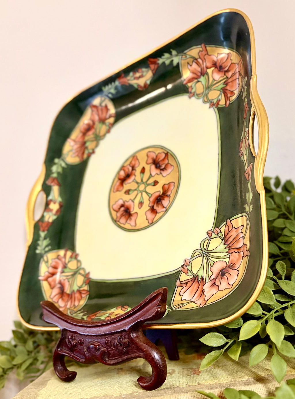 Antique Bavarian Handled Serving Plate, signed c. 1913