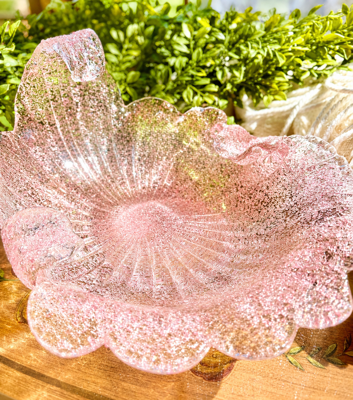 Vintage Pink Italian Murano Textured Glass Cornucopia Bowl