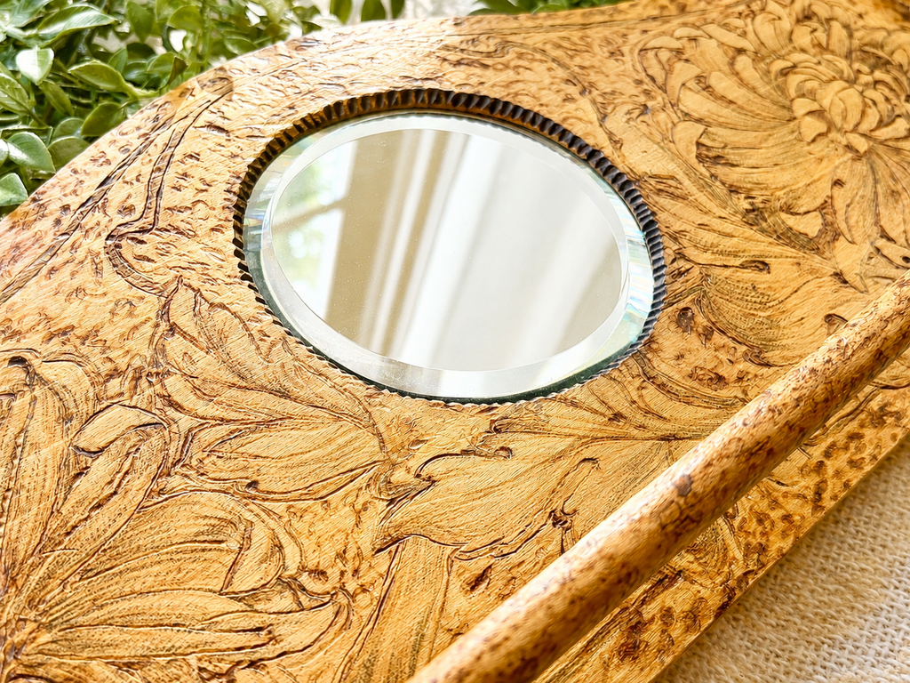 Antique Art Nouveau Style Wall Towel Rack with Mirror | Floral Pyrography Wood Wall Hanging