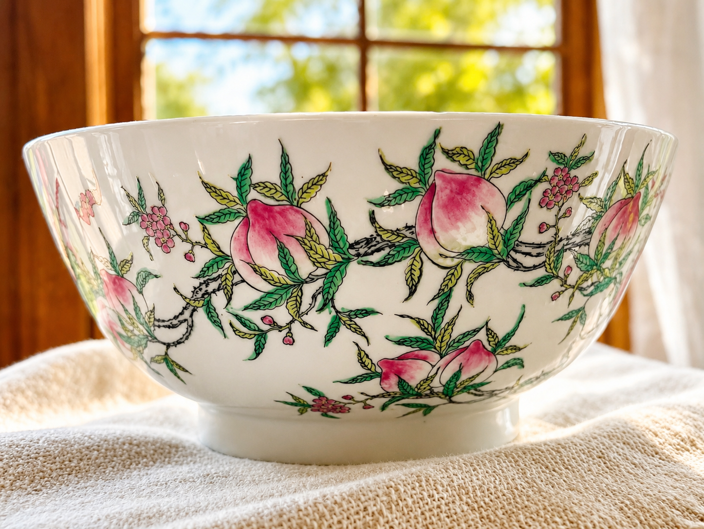 Vintage Chinoiserie Peach Porcelain Serving Bowl | Hong Kong Decorative Fruit Bowl