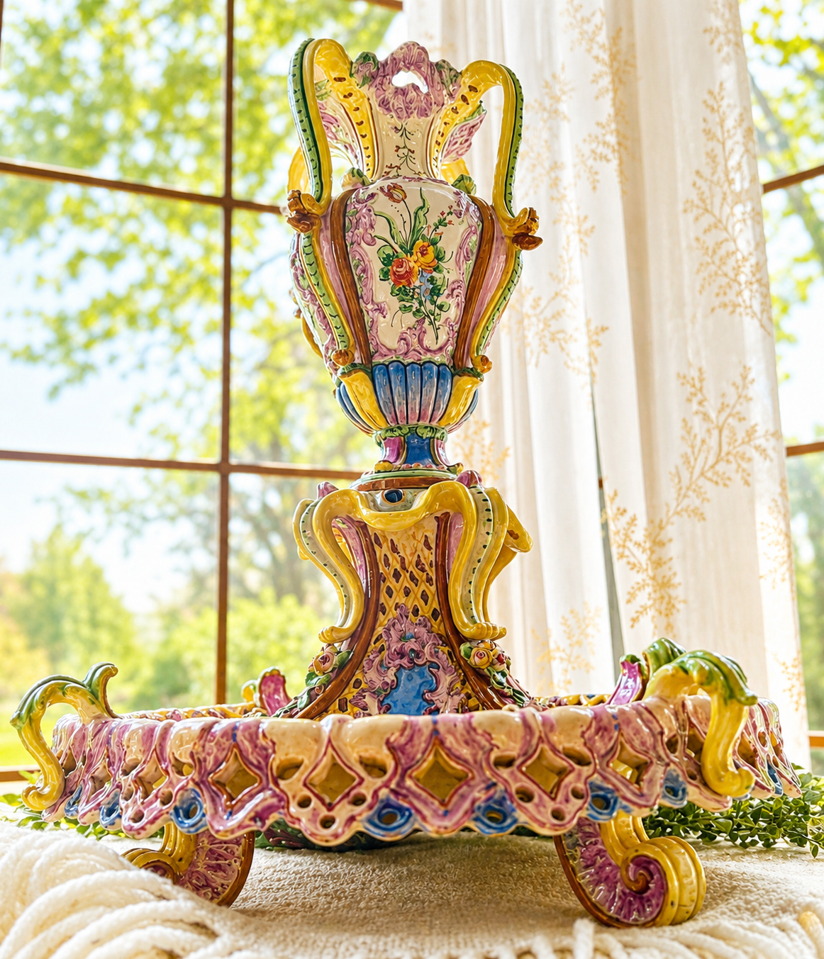 Antique Italian Maiolica Centerpiece Garniture Set by Agostinelli Dal Pra – Nove, Italy c.1880–1900