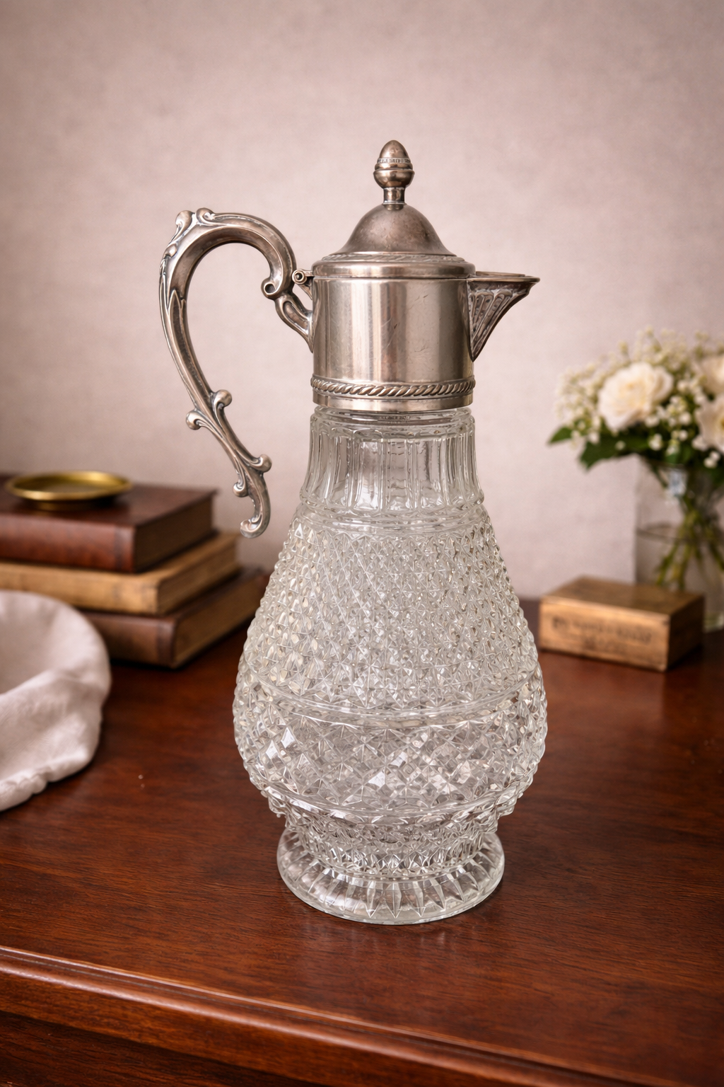 Antique Cut Glass Claret Pitcher with Silverplate Mount & Lid