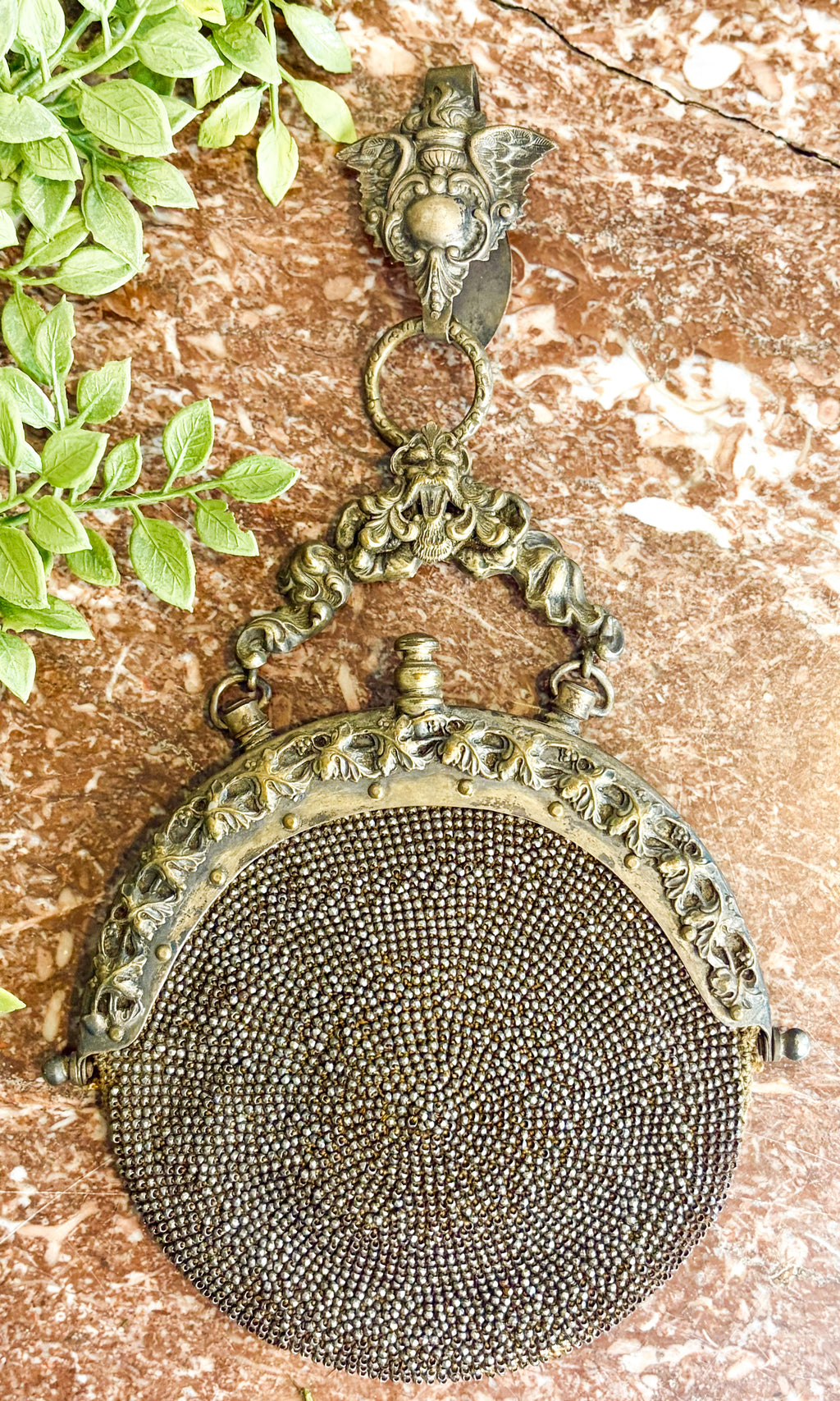 Antique Victorian Metal Mesh Chatelaine Purse with Leather Interior