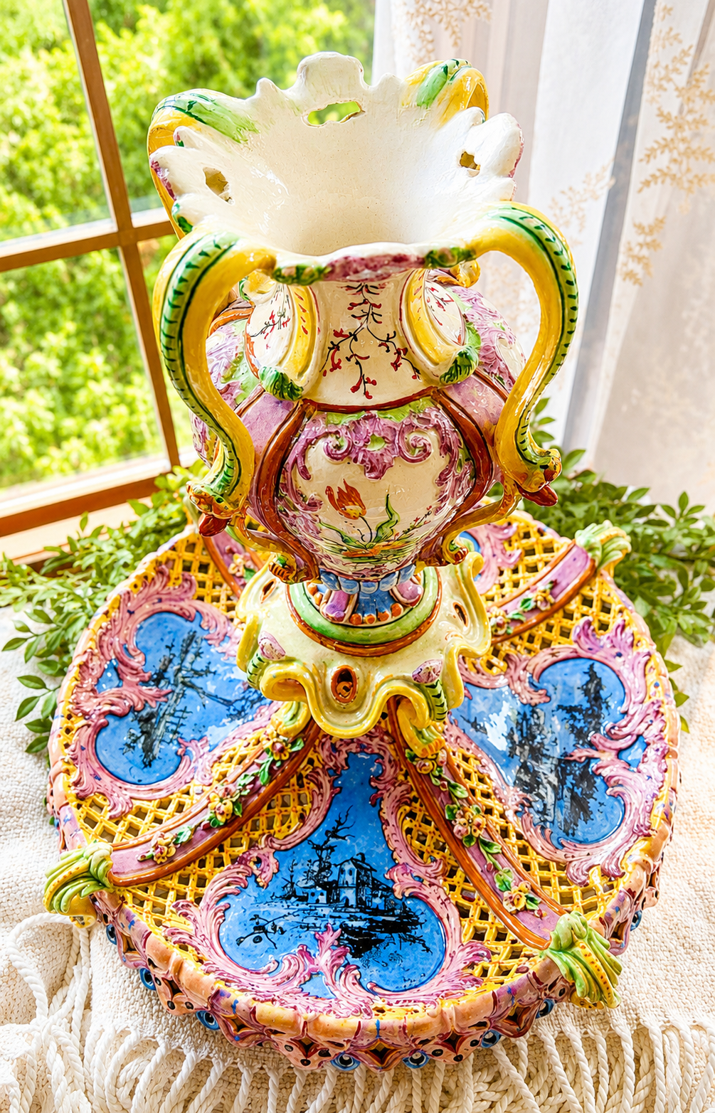 Antique Italian Maiolica Centerpiece Garniture Set by Agostinelli Dal Pra – Nove, Italy c.1880–1900